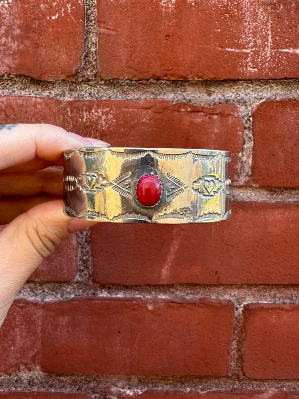 Southwestern Style, Thick Red Coral & Sterling Cuff Bracelet